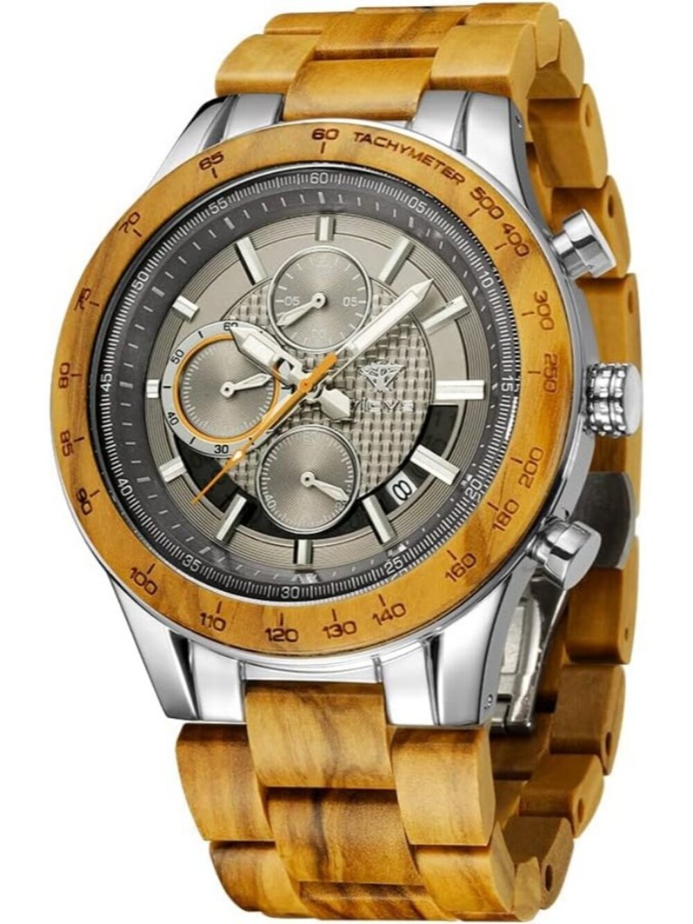 Mens Brown Silver Stainless Steel Chronograph Solid Multifunctional Wooden Watch